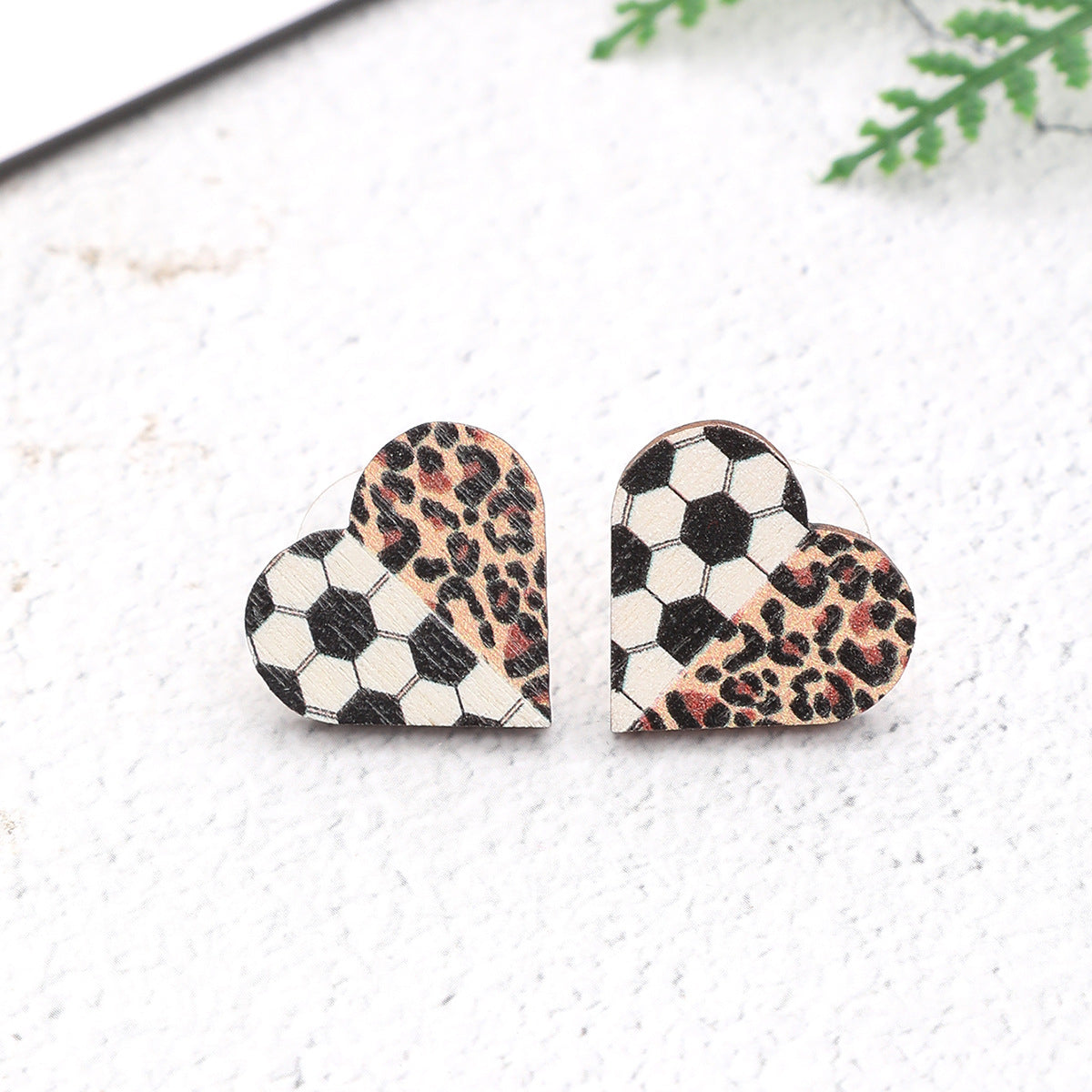 Wholesale Leopard print sports style heart cute wooden earrings